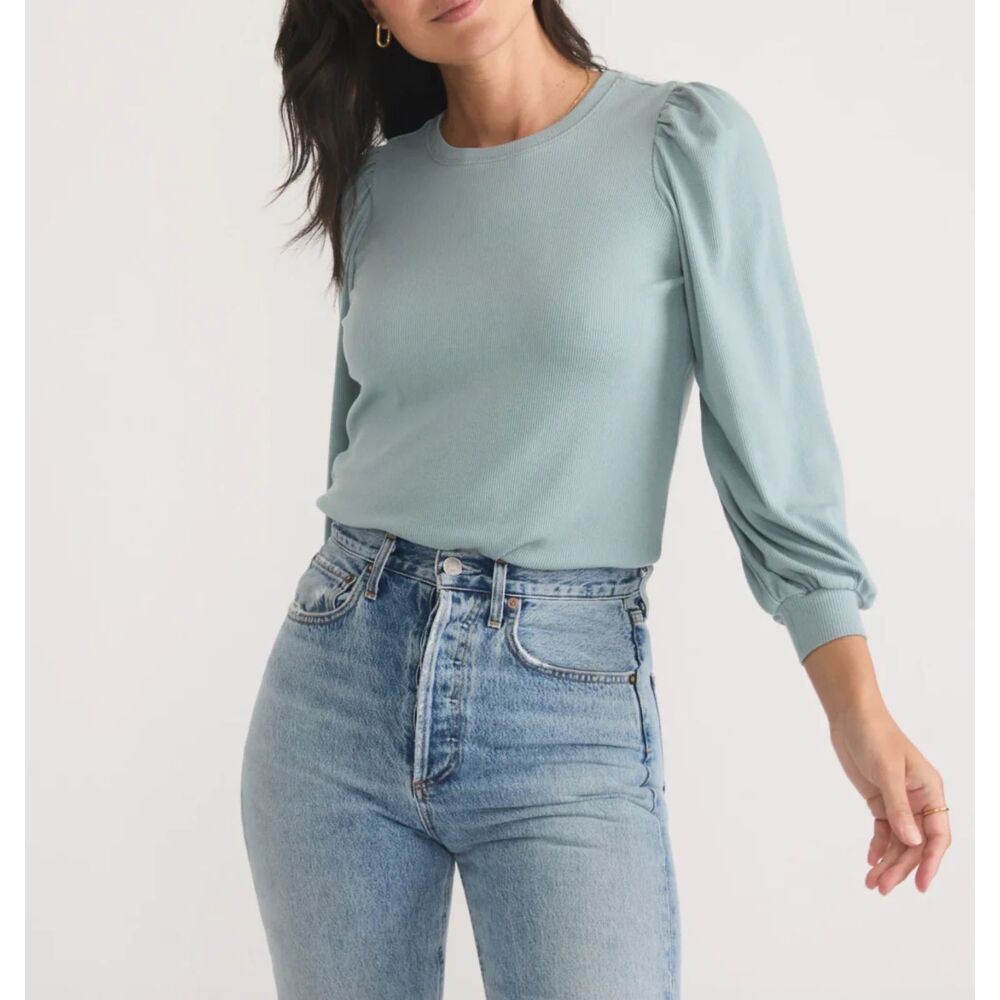 Marine Layer Lexi Rib Puff Sleeve Top in Slate